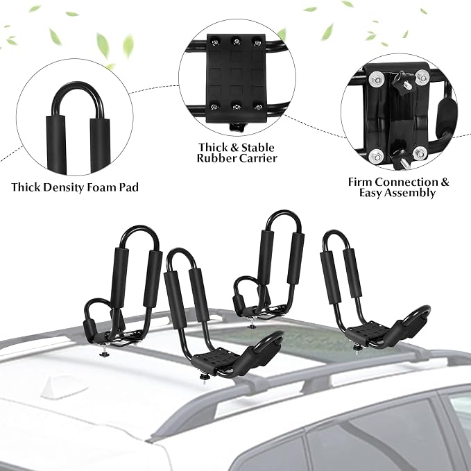GYMAX 2Pairs Universal Kayak Roof Rack, J-Bar Roof Top Carrier with Straps, Foam Pad & Buckles, Mount Crossbar on SUV Van Car for SUP, Boat, Kayak, Canoes, Ski Board