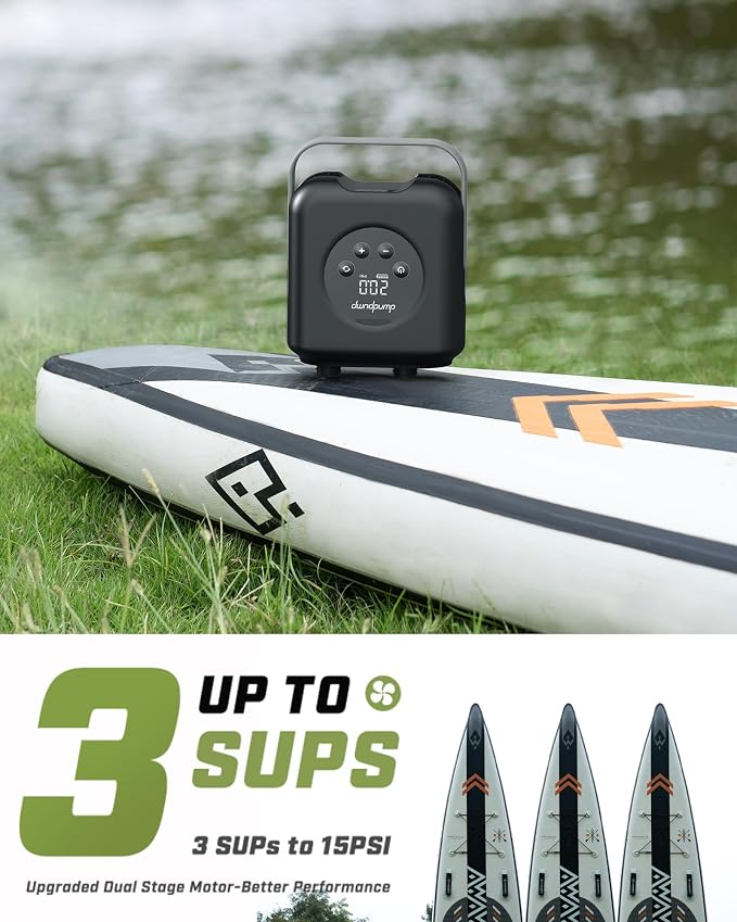 dwndpump Paddle Board Pump Electric Portable, Rechargeable 20 PSI High Pressure, Dual-Stage Inflation, Auto-Off & 12V DC, for Kayaks, Mattress, Kite Wings, Tents