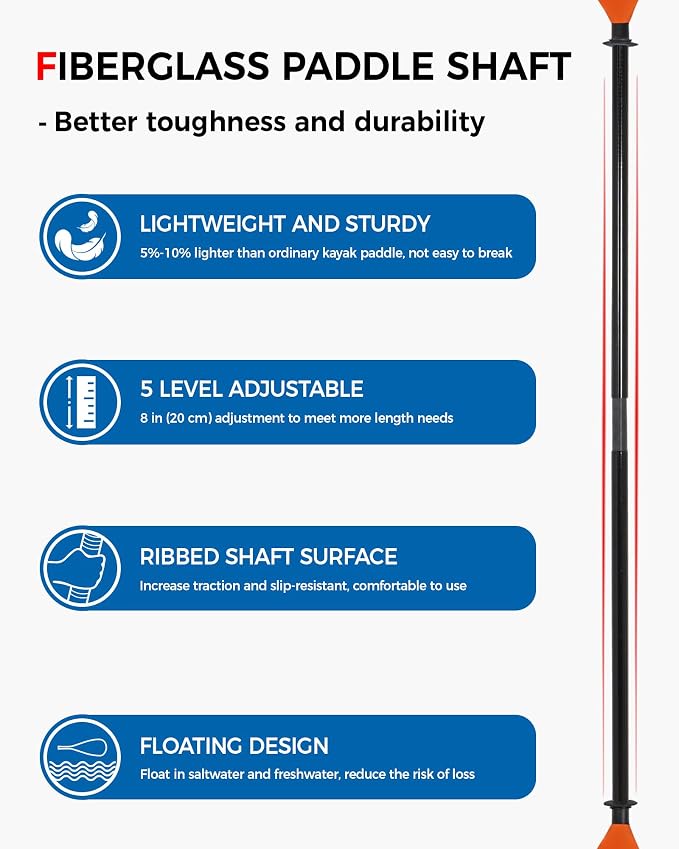 Kayak Paddle with Fiberglass Shaft and Reinforced Nylon Blade, Adjustable Kayaking Oars, 3 Piece, 230-250 cm/90-98 inches, 210-230 cm/82-90 inches