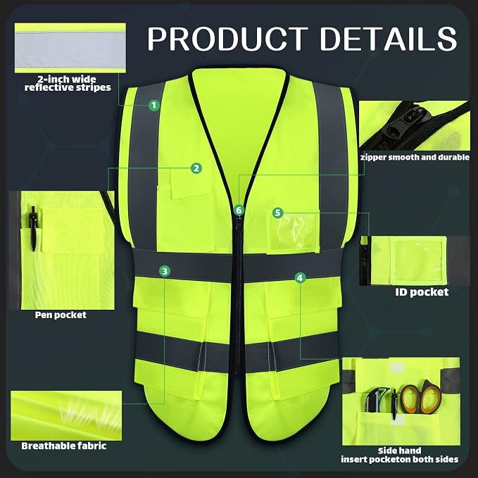 JaGely 15 Pack Reflective Safety Vests with Pockets and Zipper Construction Work High Visibility Vest for Men Women(Medium,Fluorescent Green)