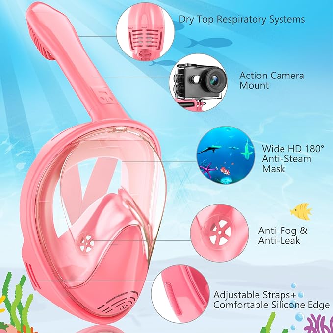 Kids Snorkel Mask Full Face, Snorkeling Gear for Kids with Camera Mount, 180 Degree Panoramic View Snorkeling Set Anti-Fog Anti-Leak