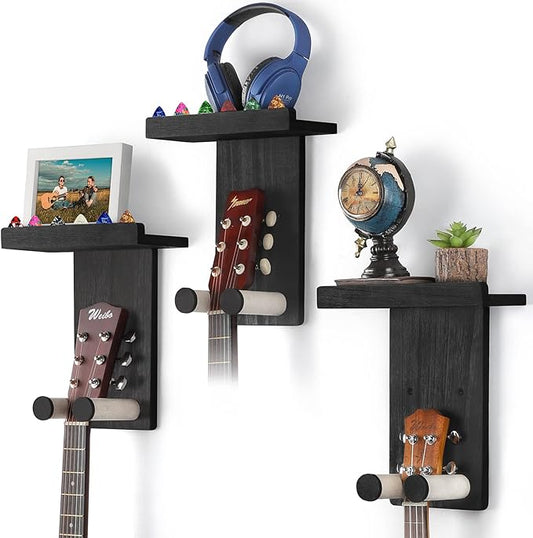 Keebofly Guitar Wall Mount 3-Pack - Rustic Wood Guitar Hanger with Pick Holder for Acoustic, Electric, Bass Guitars & Ukulele (Matte Black, Screw-Mounted) [Patented]
