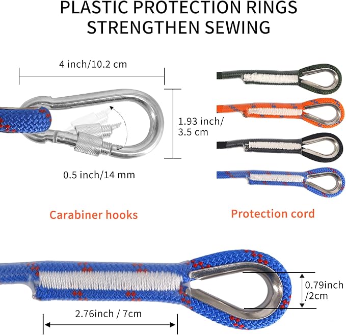 NewDoar Climbing Rope 8(5/16in),10mm (3/8in), High Strength Accessory Cord Rope with 2 Steel Hooks, for Outdoor Rescue Rappelling Rope Down Cliffs ledges Safety Escape Tow Strap Equipment(Blue)