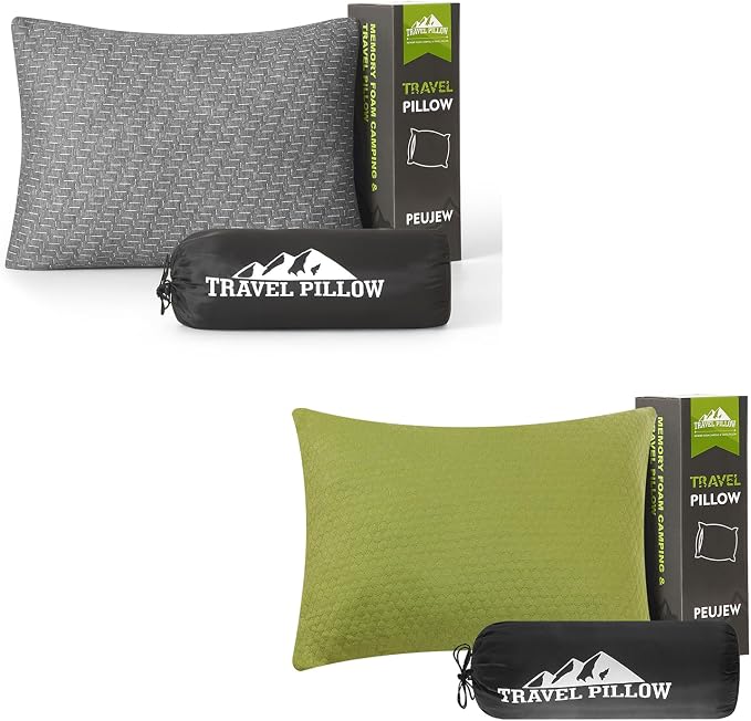 Travel Pillow Compressible Camping Memory Foam Pillow - Avocado Green M Size, Dark Grey M Size, Ideal Backpacking, Airplane and Car