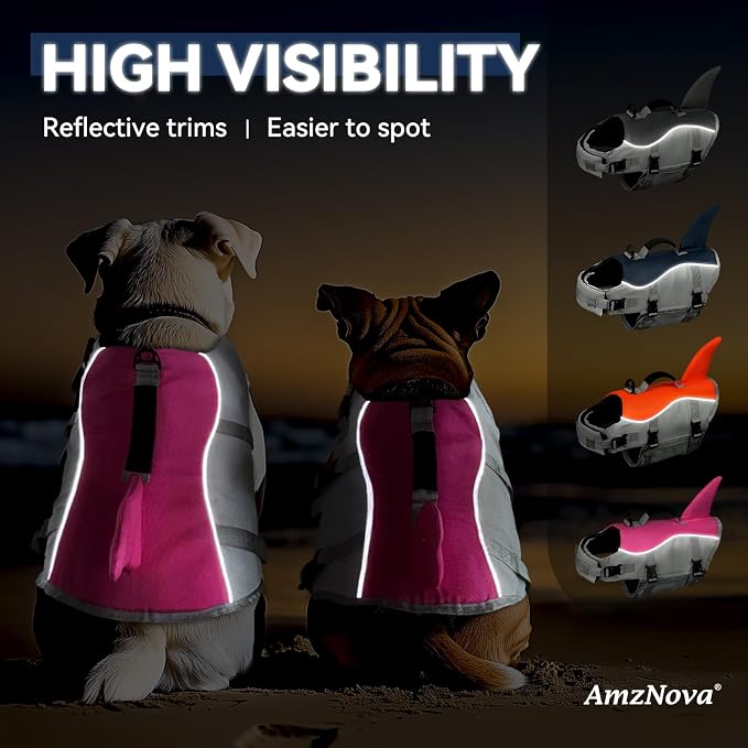 AMZNOVA Shark Dog Life Jacket + Rip Stop Dog Life Jacket, Durable Handle Reflective Buoyance