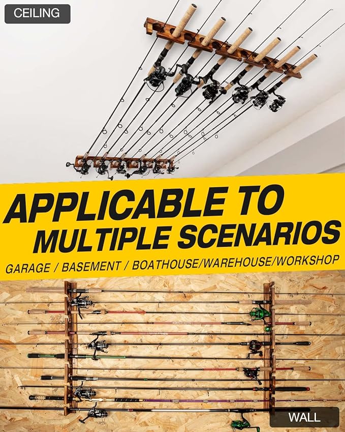 Ghosthorn Holds Up to 24 Rods Fishing Pole Rod Racks Wall or Ceiling Mounted Fishing Pole Rod Holders for Garage Storage Organizer Fishing Gear Equipment for Men Women
