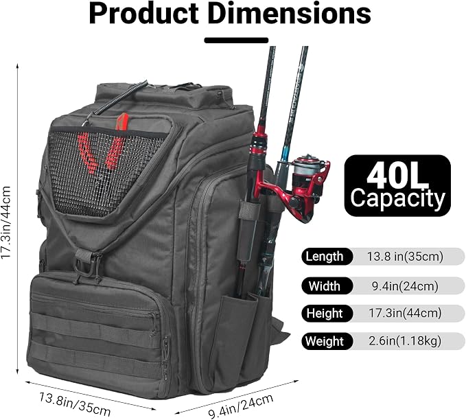 kokkoya 40L Fishing Backpack Tackle Box Back Pack Tacklebox for Men Dad with 2 Rod Holders Two Tier Storage 3 Clear Pockets Kayak Fishing