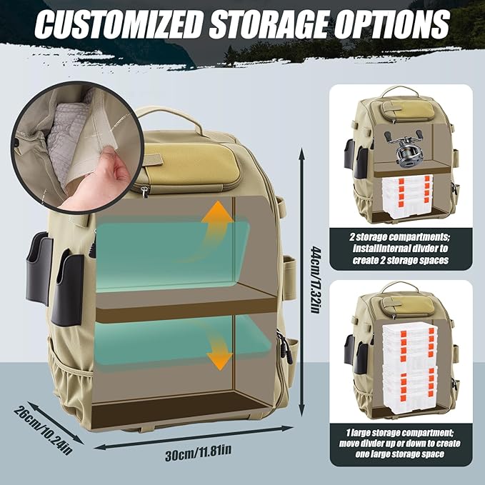 Fishing Tackle Backpack with Rod Holders, Gift for Fishermen Fishing Lovers, 40l Water Resistant Tackle Storage Bag with Adjustable Compartments, Large Capacity