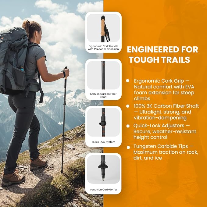 3K Carbon Fiber Trekking Poles, Collapsible Set of 2 Lightweight Adjustable Hiking Poles 24.5"-54" with Cork Grip, Tungsten Carbide Tips, Black, Includes Carry Bag, Snow & Mud Baskets