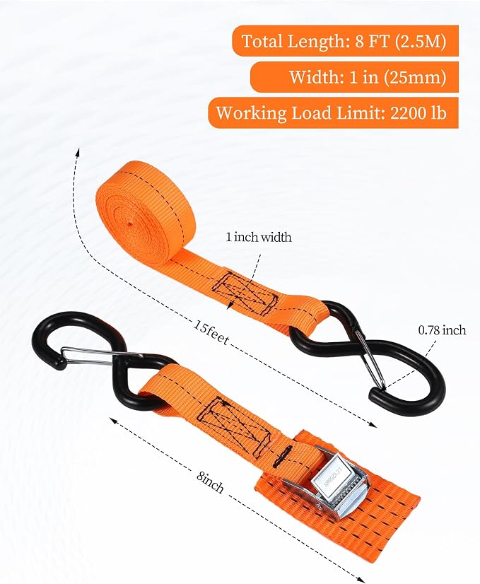 Upgraded 1'' x 8' Tie Down Straps, Cargo Roof Rack Strap Cam Buckle with Hooks, Heavy Duty Secure Strap, Orange - Pack of 4