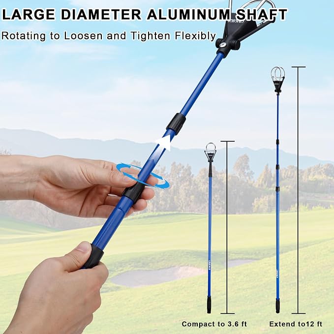 BOBOPRO Golf Ball Retriever Telescopic for Water,12Ft/15Ft Ball Retriever Tool Golf,Stainless Locking Head and Dual-Zip Headcover,Golf Ball Grabber with Non-Slip Handle,Aluminum Extendable Shaft