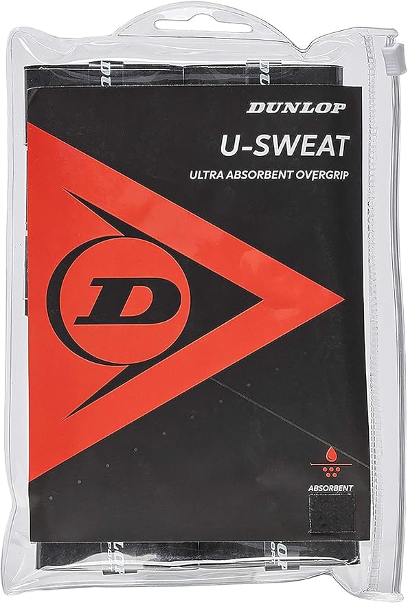 Dunlop Sports U-Sweat Tennis/Squash/Badminton/Padel OVERGRIP (3-Pack, 12-Pack, 30-Pack Roll) (Black & White Colors) (Super Absorbent, Moisture Wicking Construction, Comfortable, Cushioned Surface)