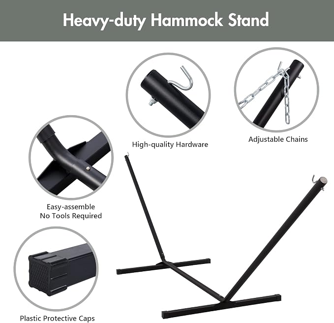 ANOW Outdoor Hammock with Stand 12FT, Heavy Duty Hammock with Steel Stand, Included Detachable Pillow and Pad, 450 LBS Weight Capacity, Gray