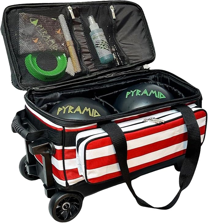 Pyramid Deluxe Double Roller 2 Ball Bowling Bag with Large Separate Shoe Compartment (Up To 2 Pairs Of Shoes) and Accessory Pockets, Sturdy Square Handle - Extends to 40" - Pro Options Available
