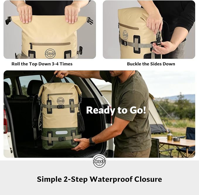 STOVER 40L Waterproof Dry Backpack & Phone Case - X-Large Floating Dry Bag for Kayaking, Travel, Hiking, Fishing, Camping, Motorcycles & Beach, Heavy-Duty Roll Top Men/Women (Tan/Army Green/Brown)