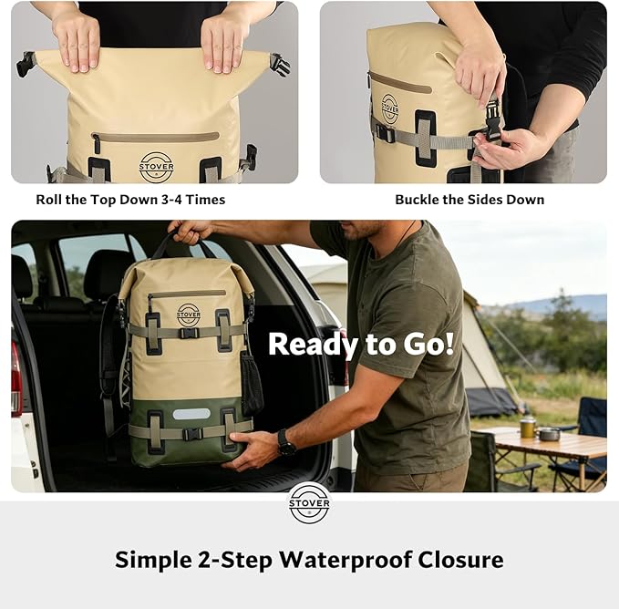 STOVER 30L Waterproof Dry Backpack & Phone Case - X-Large Floating Dry Bag for Kayaking, Travel, Hiking, Fishing, Camping, Motorcycles & Beach, Heavy-Duty Roll Top Men/Women (Tan/Army Green/Brown)