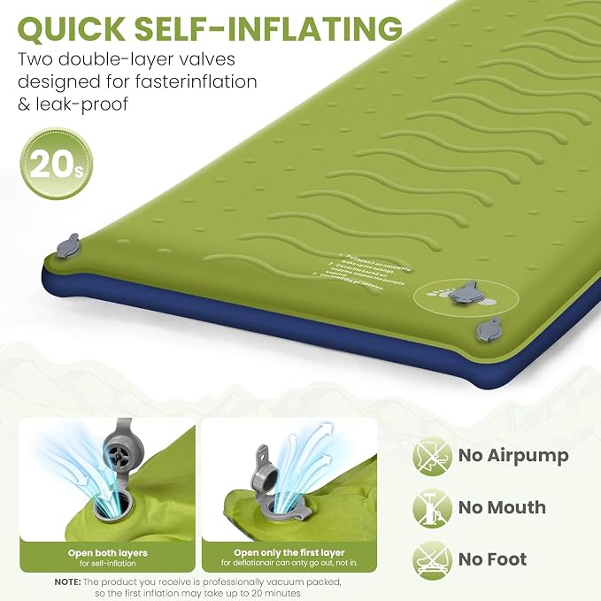 TEKIK Self Inflating Sleeping Pad, Ultra-Thick Memory Foam Sleeping Pad for Camping with Pillow, 20s Fast self Inflate&Deflate, 9.5 R-Value Insulated Camping Mattress, Suitable for Car Travel Tent