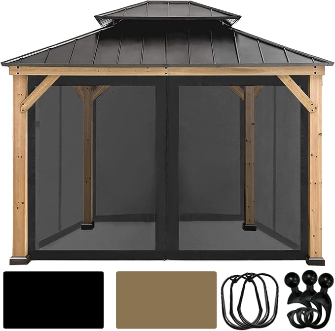 Coastshade Gazebo Canopy Mesh Walls Replacement 8x8 Gazebo Pergola Mosquito Screen Netting for Gazebos with 42Curtain Rings & 42Rail Hooks,Black