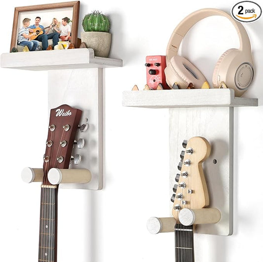 Keebofly Guitar Wall Mount Hangers with Rustic Wood Shelf - 2 Pack, Wall Stand Holder Hook Rack for Acoustic or Electric Guitar,Ukulele,Bass,White,[Patented]