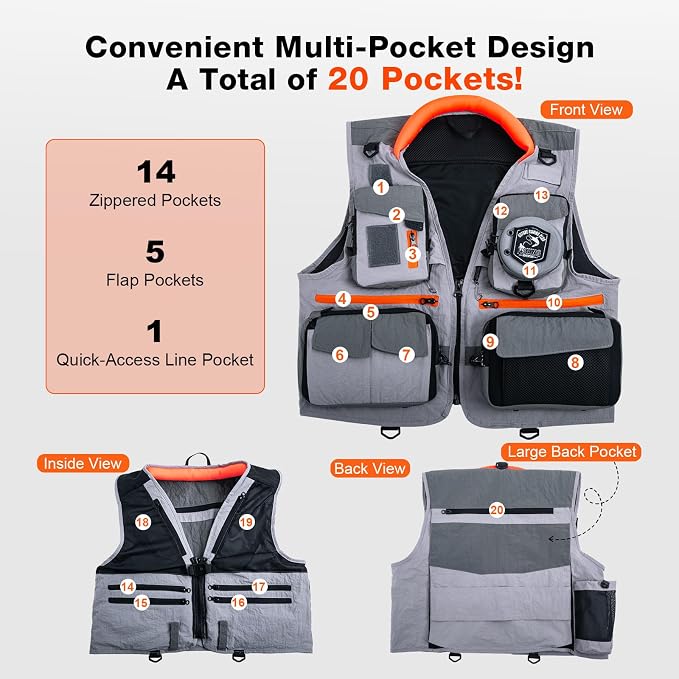Goture Fishing Vest,Lightweight Breathable Nylon Fly Fishing Vest for Men and Women,20 Pockets Vests for Outdoor Activities