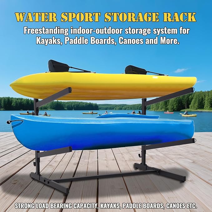Kayak Storage Rack, Heavy Duty 2 Level Freestanding Rack for Garage and Outdoor Storage, Holds Kayak, Canoe, Surfboard & Paddleboard, Steel Construction with Felt Padding