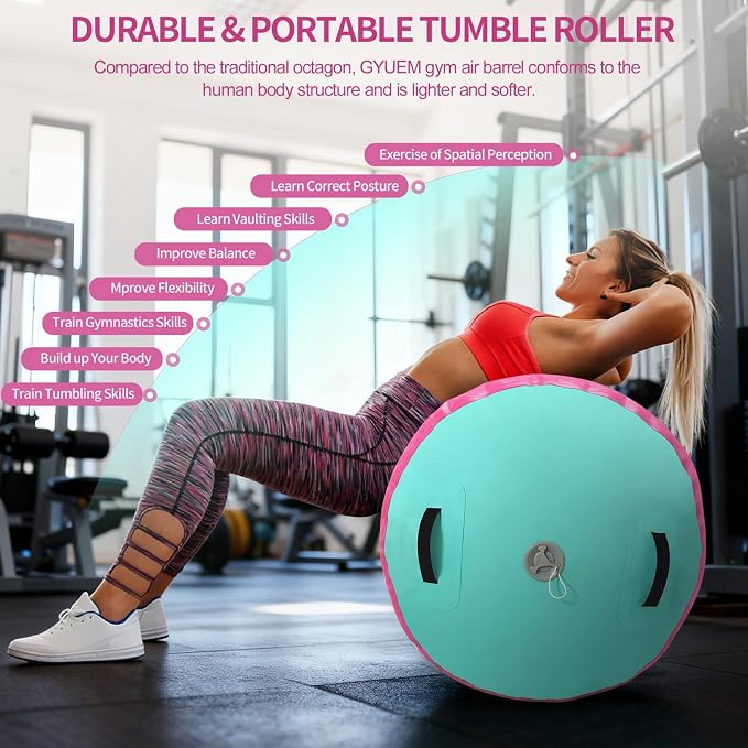 GYUEM Air Roller Gymnastics Barrel Inflatable Tumbling Roller Air Mat Octagon Mat with Electric Pump for Backhandspring Training Cheerleading Home Use
