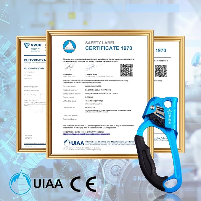 UIAA & CE Certified Climbing Rappelling Equip Hand Ascender Left Right Hand for 8-13mm Rope 4kN