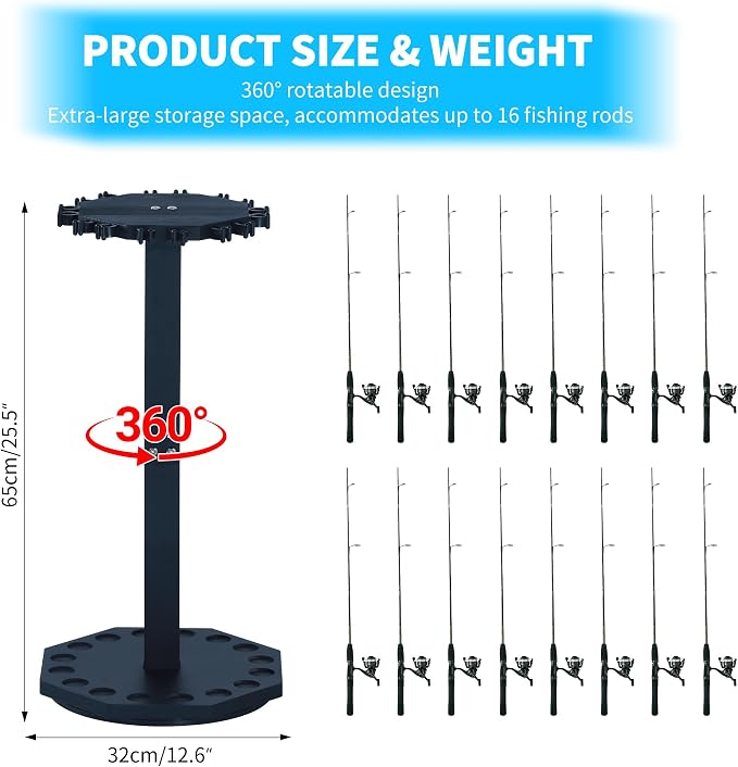 360° Rotating Wood Fishing Rod Holder, Black Round Fishing Pole Rack, Floor-Standing Fishing Rack Stores 16 Rods, Fishing Pole Storage Organizer for Garage, Basement, or Shed, Easy to Install