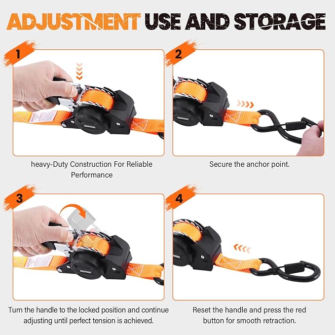 1" x 10' Self Retracting Ratchet Straps (2-Pack) - Orange Heavy Duty Tie Downs with Auto-Retract, 1540lb Break Strength for Truck, Motorcycle, ATV, UTV, Cargo Trailer