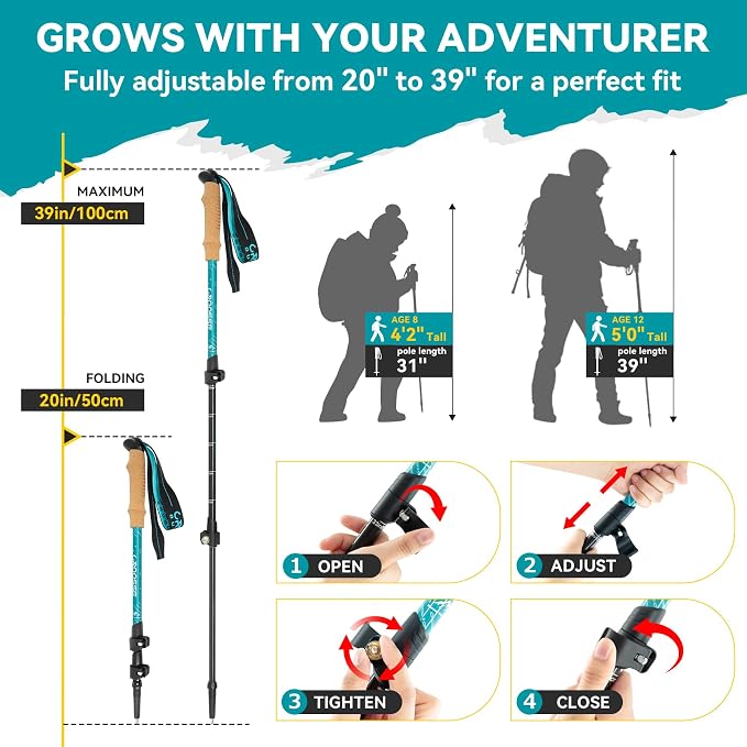 Carbon Fiber Kids Hiking Poles - Lightweight Adjustable Hiking Stick and Trekking Poles for Children, 1 Pair Collapsible Kids Walking Stick with Cork Grips for Hiking and Skiing