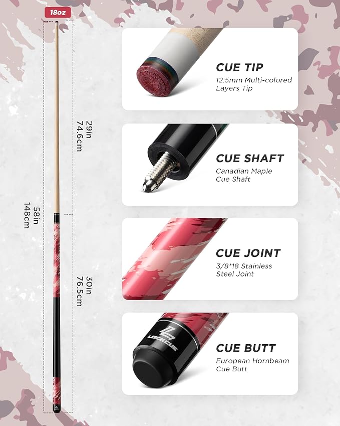 Pool Cue Set with 58-inch Billiard Cue Stick | Hard Leather Tube Case, Microfiber Towel & Glove