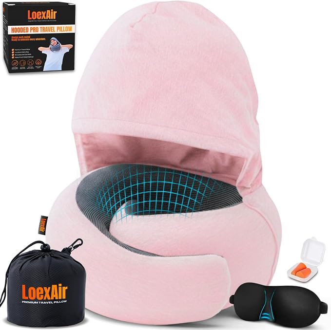 LOEXAIR™ Hooded Pro Travel Pillow - Memory Foam Neck Support Pillow for Airplane, Flight - Super-Soft Pure Cotton Fabric, Maximum Privacy & Light-Block Design, Lightweight Full Travel Kit- Sakura Pink