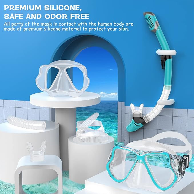 Greatever Dry Snorkel Set,Panoramic Wide View Anti-Fog Scuba Diving Mask,Professional Snorkeling Gear for Adults Kids