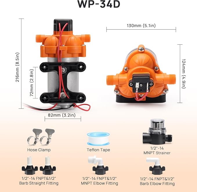 TURBRO 4.0 GPM 45 psi RV Water Pump, 12V DC Self-Priming Diaphragm Pump, Water Pressure Pump with Pressure Switch and Overheating Protection, for RV, Marine, Boat, Yacht, Camper, Garden, Irrigation