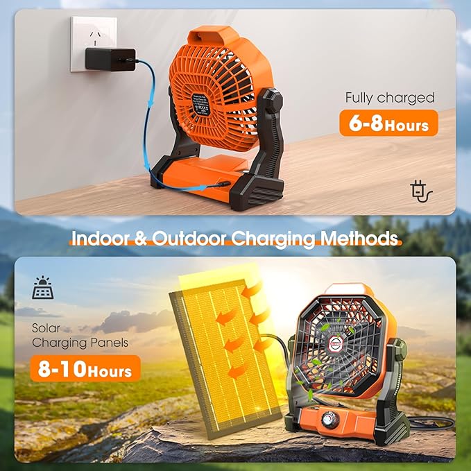 Solar Powered Fan,【Max 60H Runtime】Rechargeable Solar Camping Fans & Led Lantern,8-inch Portable Fan with Solar Panel,Battery Operated Powered Outdoor Tent Fans for Camping Essentials Accessories