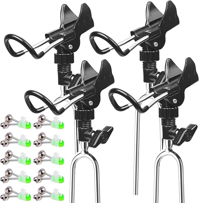 Aluminum Bank Fishing Rod Holder with 10 Fishing Bells - Heavy Duty Ground Spike Fish Pole Stand Rack for Shore, Surf, Beach Fishing - Great for Men