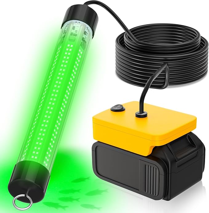 LED Underwater Fishing Light Compatible with for DeWalt 20V Battery（Battery Not Included）, 6000 Lumens, IP68 Waterproof Submersible Green Fish Attractor Light for Night/Ice/Boat Fishing
