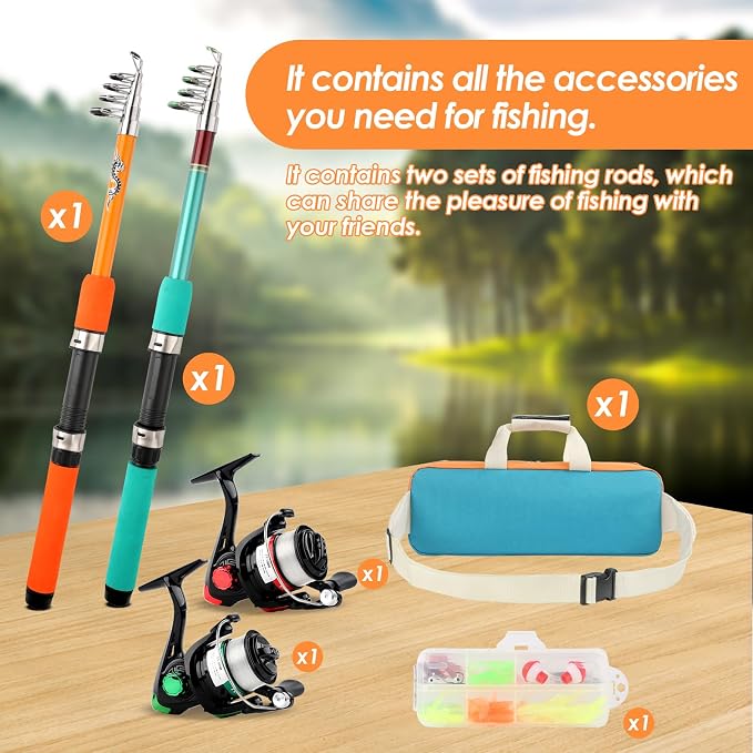 Telescopic Fishing Pole Set with Spinning Reel Lure Hook Storage Bag | Compact Collapsible Rod Reel Combo Travel Fishing Gear Starter Kit for Kids Youth Adults