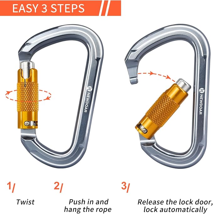 NewDoar 28KN UIAA & CE Certified Auto Climbing Carabiner Professional Heavy Duty Caribeaner for Rappelling D-Shaped
