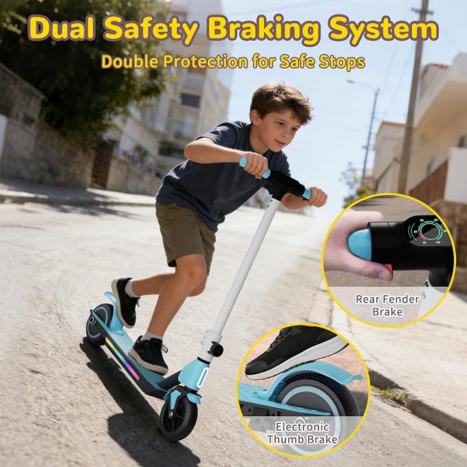 SIMATE Electric Scooter for Kids 6-14, Colorful Lights & Double Brake System, Aluminum Alloy Frame, Foldable, LED Display, for Boys Girls