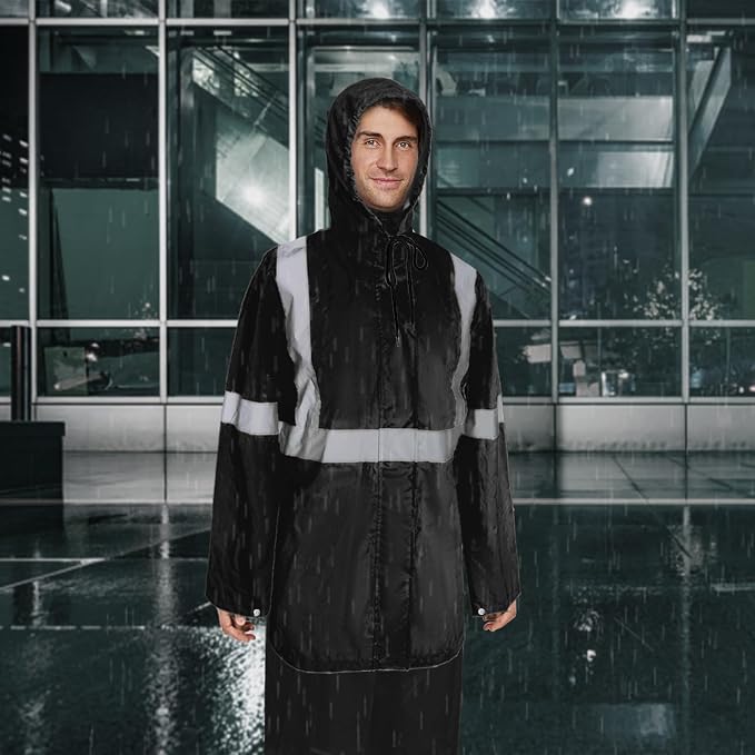 Rain Jacket, High Visibility Rain Coat and Pants, Waterproof Raincoat with Hood, Lightweight Rain Suit for Outdoor Activities, Rain Ponchos for Adults Reusable, Men Women, Black B, L-XL