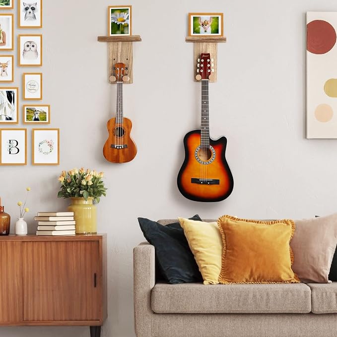 Keebofly 2 Pack Guitar Hanger Wall Shelf with Pick Holder Wood Rack for Acoustic, Electric, Ukulele, Bass, Mandolin - Brown (Patented)