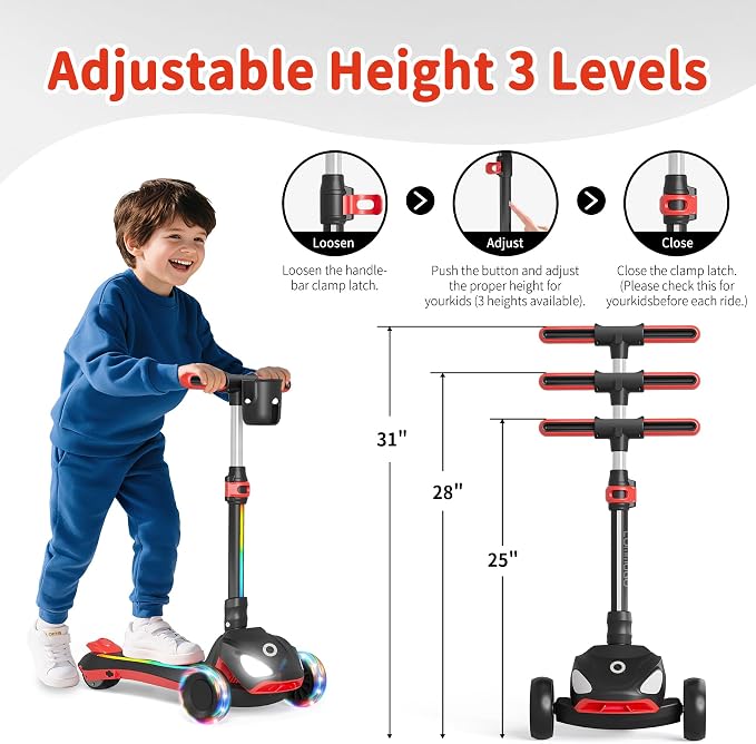 Electric Scooter for Kids with 3 LED Lighted Wheels, Adjustable Height & Lean-to-Steer, Anti-Slip Deck with Lights, Easy-Fold Mechanism, Balance Scooter for Kids,Toddlers