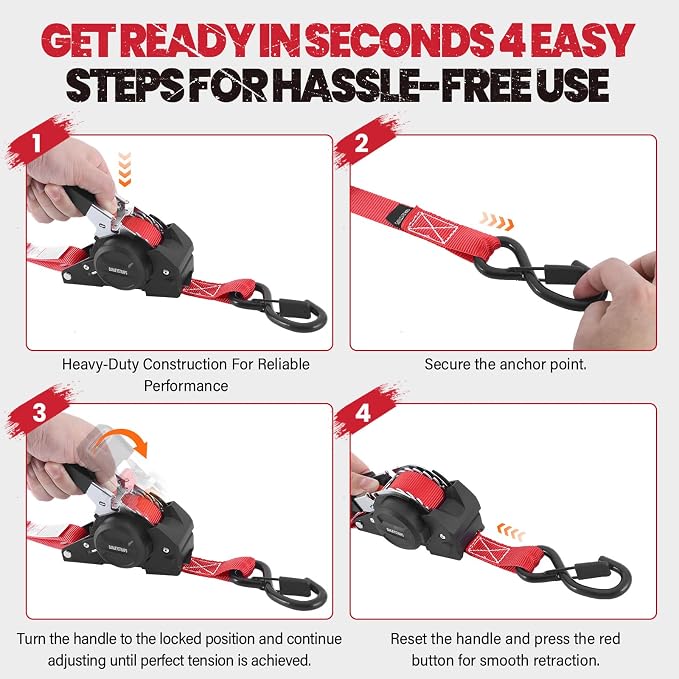 Ratchet Strap Retractable 1" x 10' - 4 Pack, Auto Self Retracting Tie Down Straps with Heavy Duty Ratchet (1540lbs Break Strength), for Motorcycle, ATV, UTV, Truck Cargo