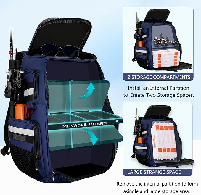 45L Fishing Tackle Backpack with Rod Holders, Waterproof Large Fishing Back Pack Storage Bags & Wraps Gear And Equipment for Men for Camping Hiking, Bottle Holder