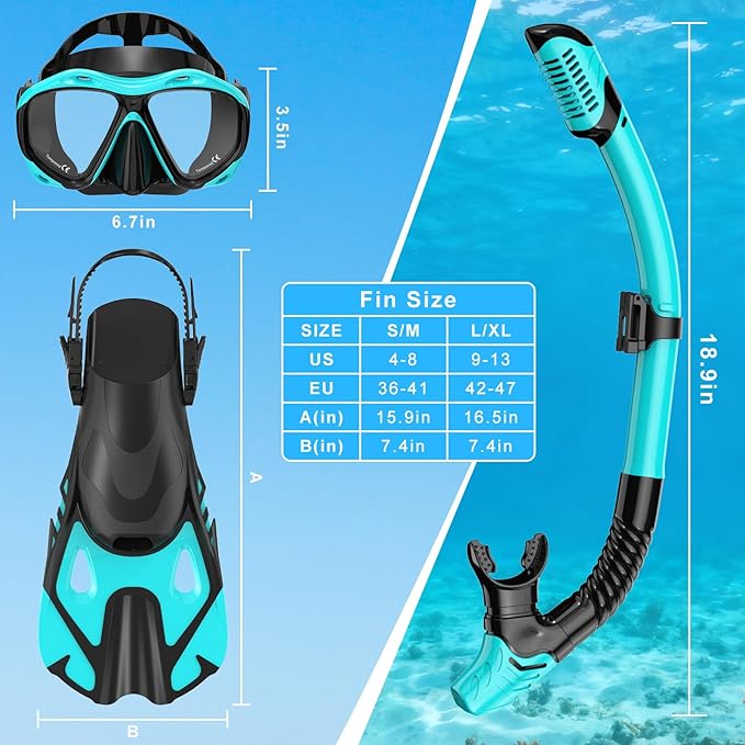Snorkeling Gear for Adults, Mask Fin Snorkel Set, Dry Top Snorkel Mask, Panoramic View Anti-Leak Anti-Fog 3 in 1 Snorkeling Kit Travel Diving Package with Storage Bag