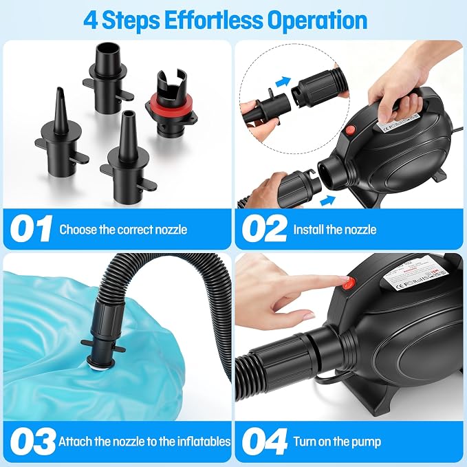 500W Electric Pump for Inflatables Portable Air Pump with Storage Bag,Quick-Fill Air Mattress Inflator Deflator Pump for Pool Floats Dock Raft and Gymnastics Mat with 4 Nozzles