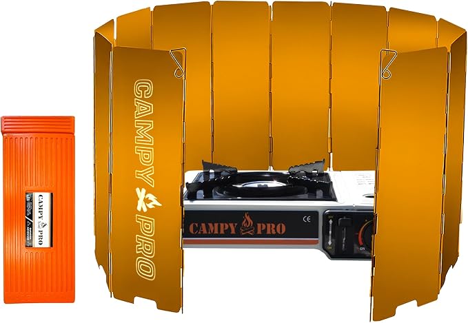 Orange Camping Stove Windscreen, 12-Plates Premium Aluminum Wind Guard Shield, Foldable Portable Design with Storage Box, Heavy-Duty, Butane Burner Windshield for Outdoor Cooking