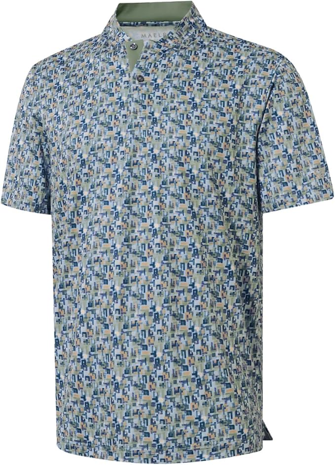 M MAELREG Golf Shirts for Men Collarless Performance Dry Fit Stretch Henley Casual Printed Mens Polo Shirts Short Sleeve