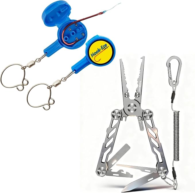 HOOK-EZE Fishing Knot Tying Tool, HOOK-EZE Folding Fishing Pliers, 5-in-1 Saltwater Resistant Multitool with Tungsten Line Cutters
